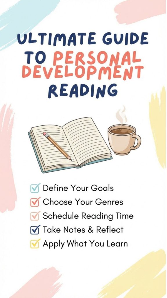 Text on top is "Ultimate Guide to personal development reading" and there's a book and pencil and steaming cup of coffee with bullet points (define your goals, choose your genres, schedule reading time, take notes and reflect, and apply what you learn)