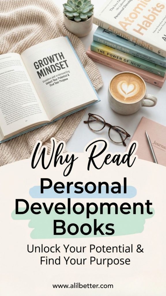 Stack of books and cappuccino and glasses and succulent and journal and glasses with text overlay that reads "Why Read Personal Development Books Pinterest Unlock your potential and find your purpose"