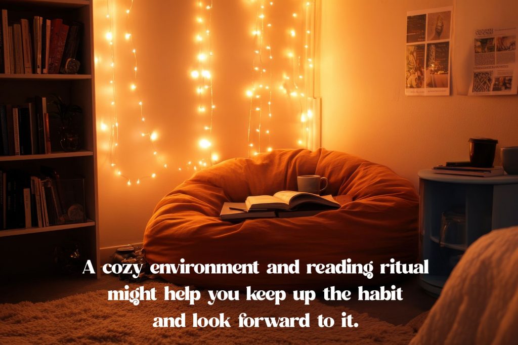 cozy reading nook with bookshelf, fairy lights, coffee mugs, and text that reads "A cozy environment and reading ritual 
might help you keep up the habit 
and look forward to it. "