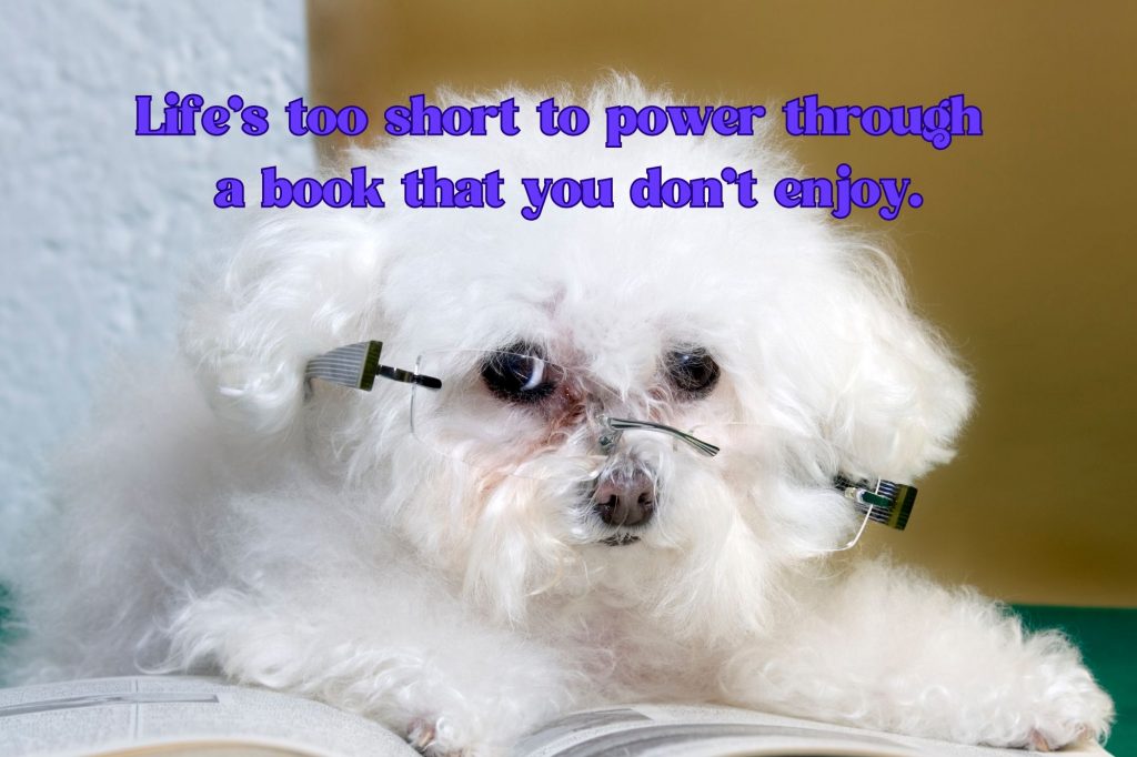 incredulous looking dog wearing glasses and reading a book with text overlay that reads "life's too short to power through a book that you don't enjoy."