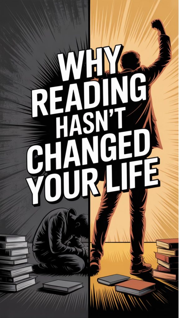 Text overlay reads "Why Reading hasn't changed your life" and the left side is greyed out and shows a person bent over and sad with books and the right shows someone with fist victoriously in the air and a pile of books. 